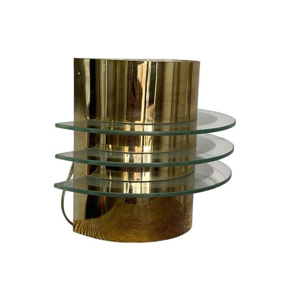 Vintage Brass and Glass Half Round Sconces - 1990s - Postmodern - Neo Art Deco - Picture 2 of 5